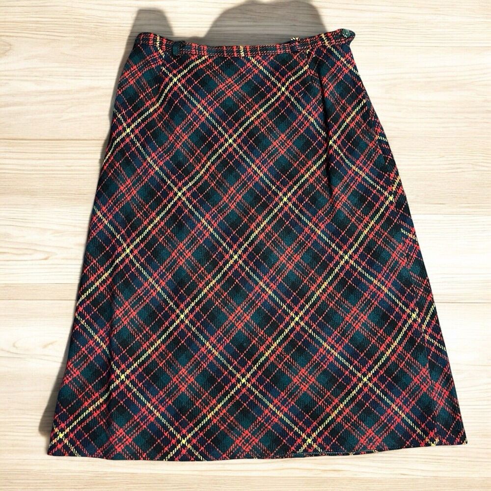 Vintage Wool Plaid Red Green Navy Blue Holiday Skirt Size 12 Winter Stylish